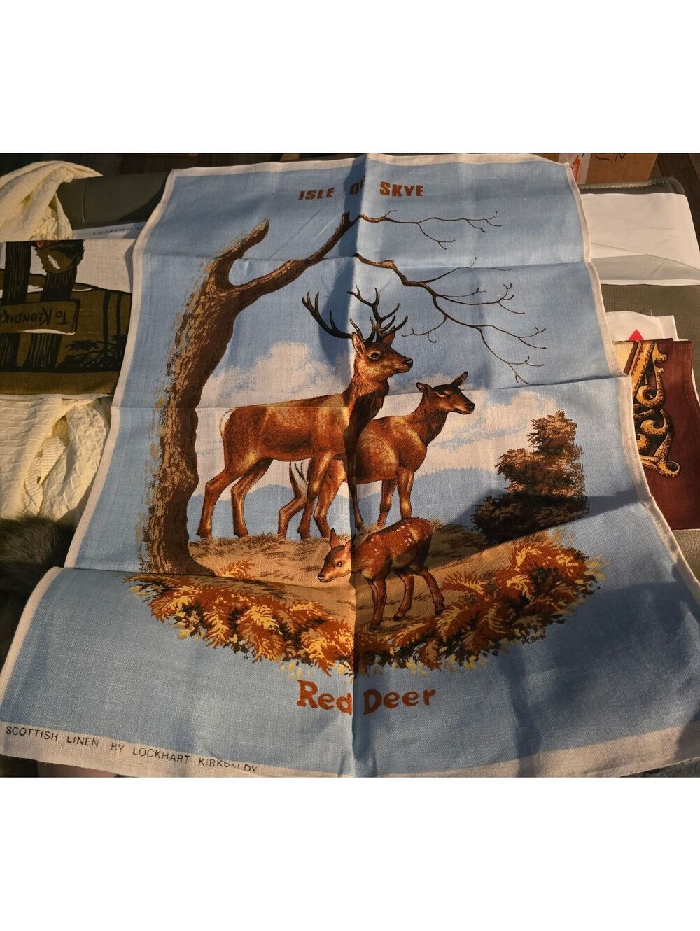 Vintage Scottish Linen Tea Towel Isle of Skye Red Deer Design